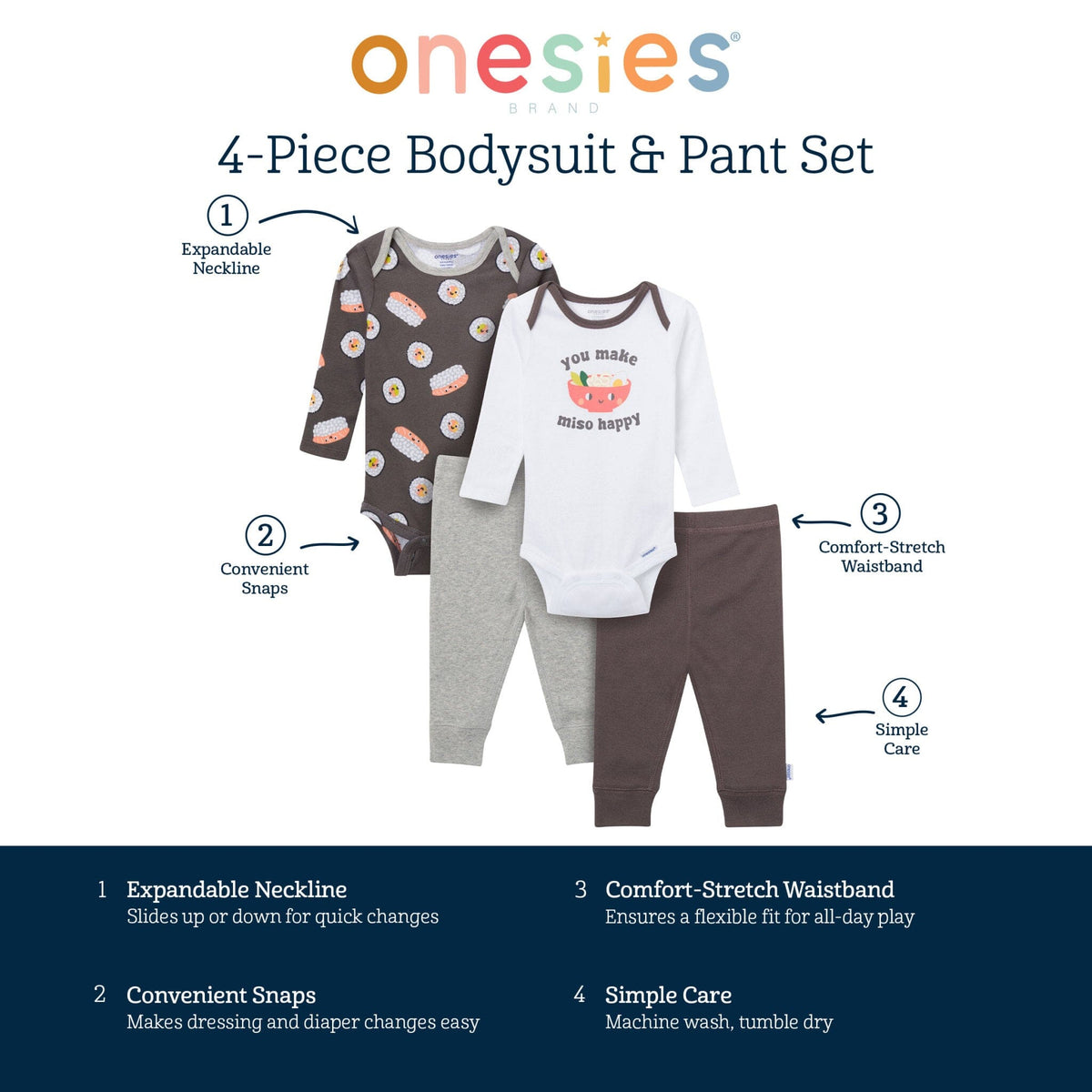 4-Piece Baby Neutral Miso Happy Onesies® Bodysuits and Pants outfits Onesies® Brand 