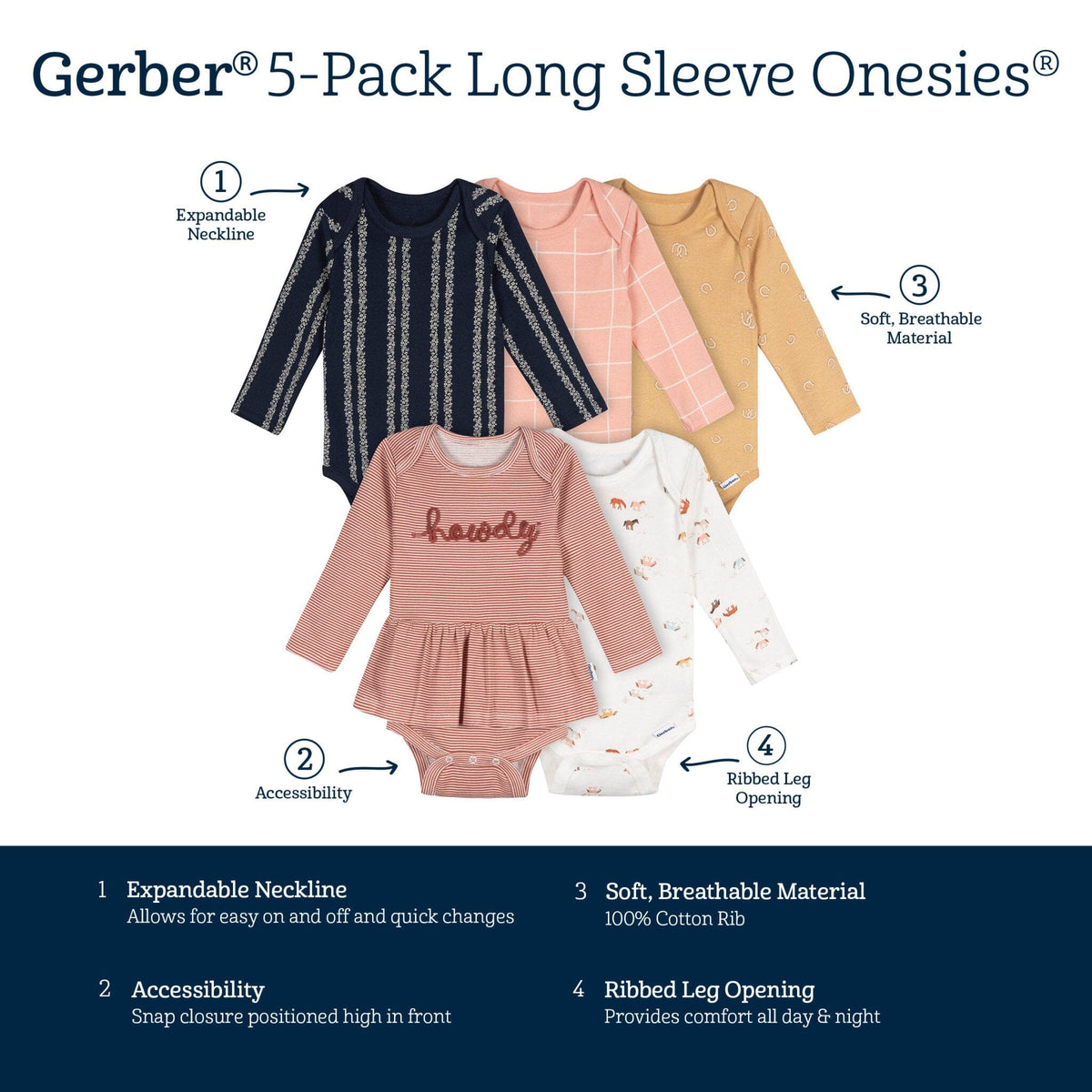5-Pack Baby Girls Horses Long Sleeve Bodysuits Onesies Bodysuits Gerber® 