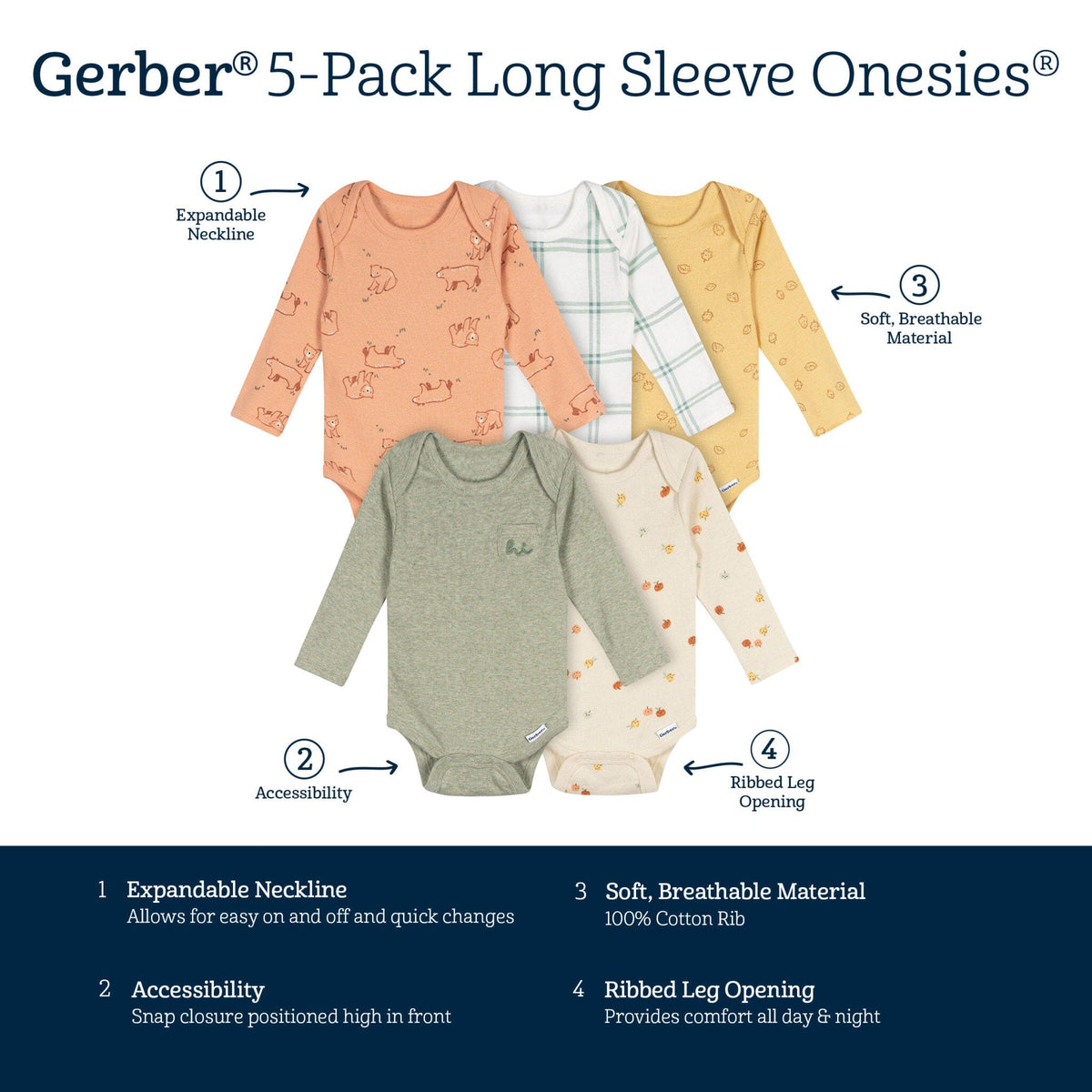5-Pack Baby Neutral Green Heather Long Sleeve Bodysuits Onesies Bodysuits Gerber® 