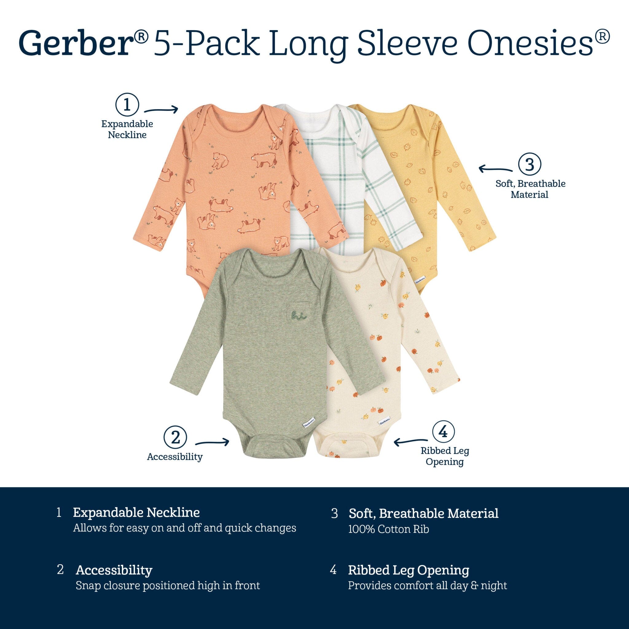 5-Pack Baby Neutral Green Heather Long Sleeve Bodysuits Onesies Bodysuits Gerber® 