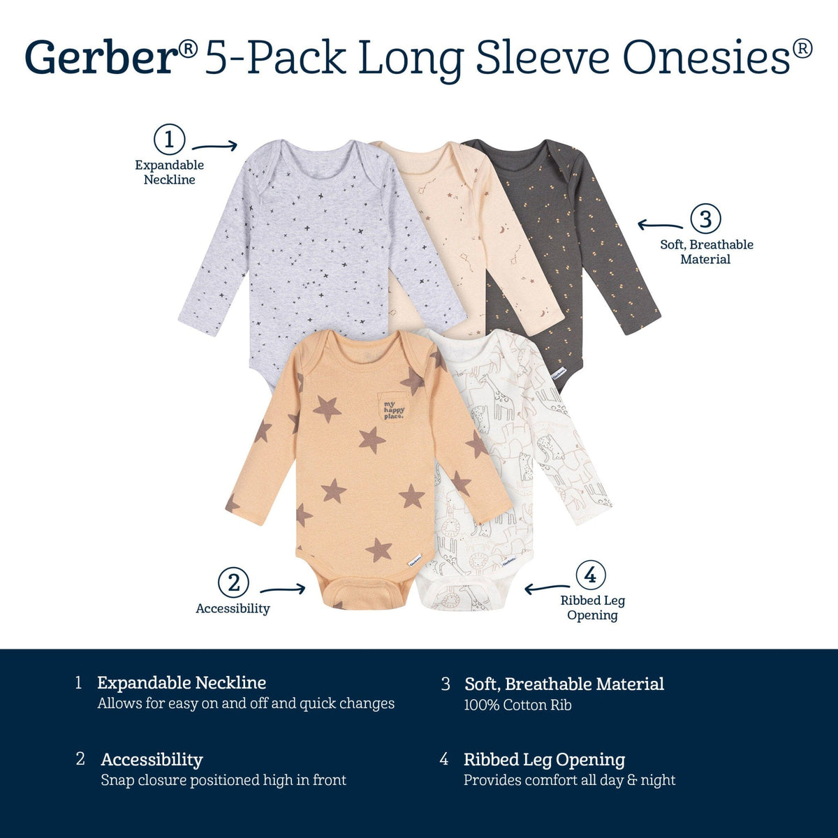 5-Pack Baby Neutral Tan Stars Long Sleeve Bodysuits Onesies Bodysuits Gerber® 