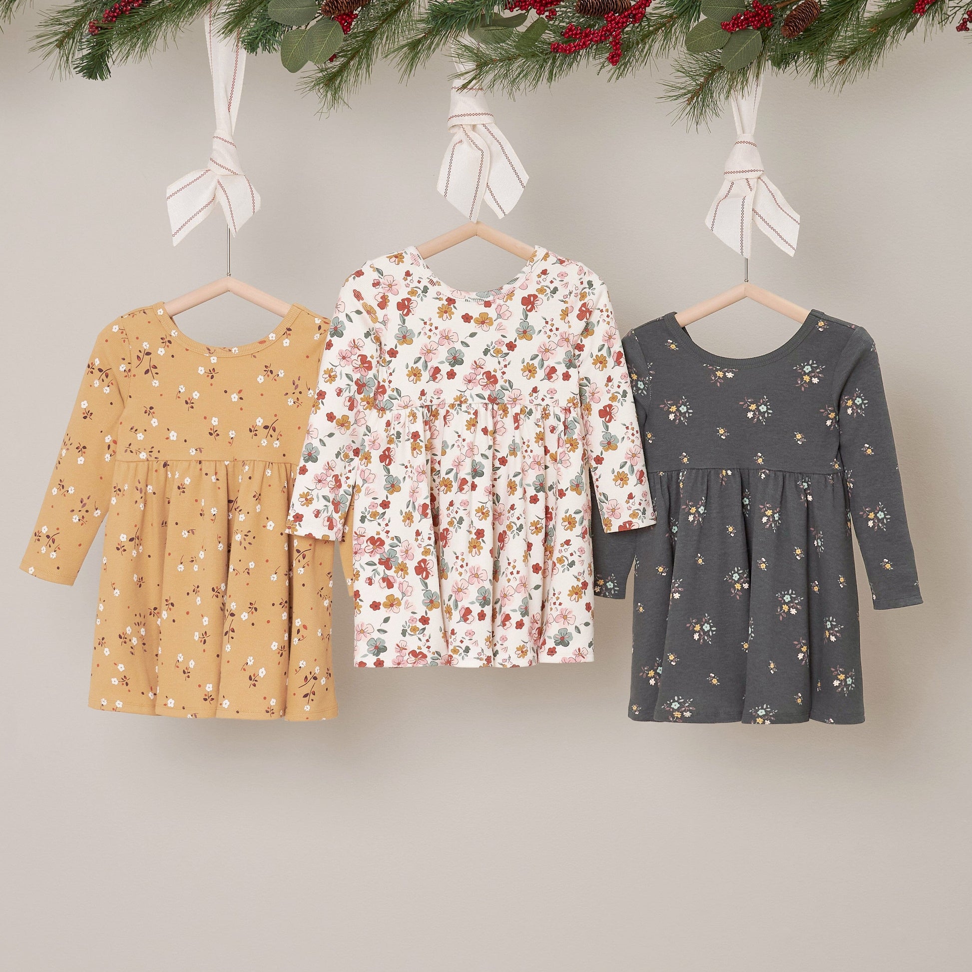 2-Pack Infant & Toddler Girls Mustard Floral Long Sleeve Dresses