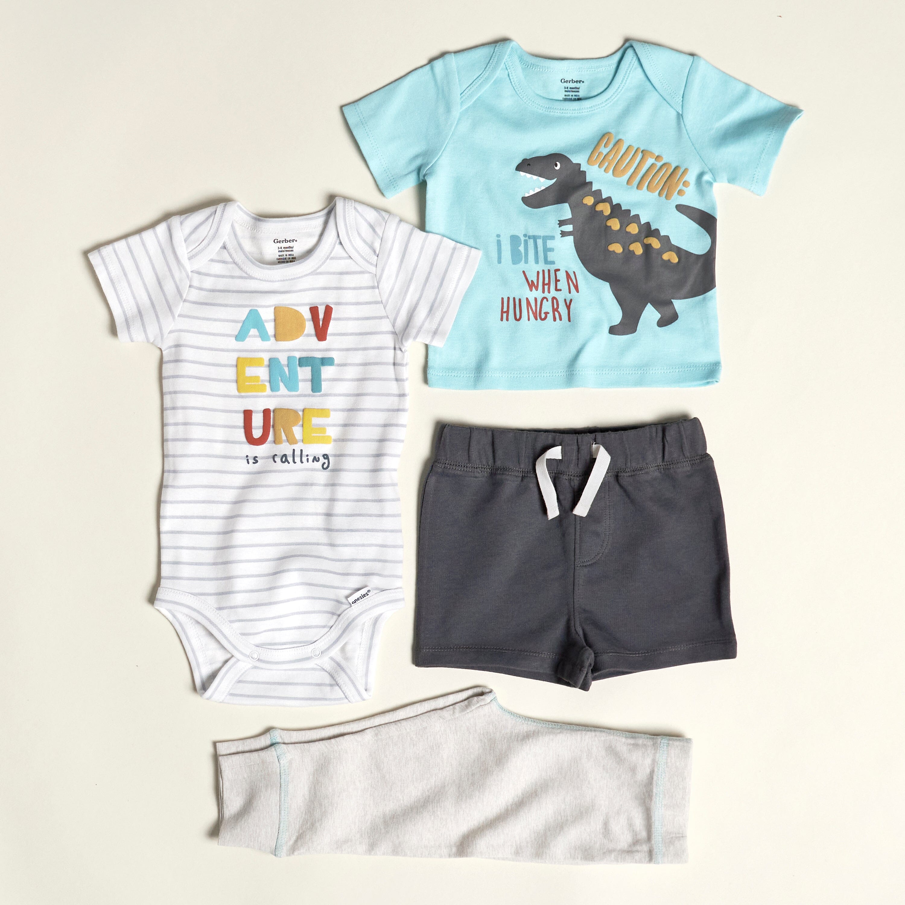 4-Piece Baby Boys Dino Blues Onesies® Bodysuit, Tee, Shorts & Pant Set