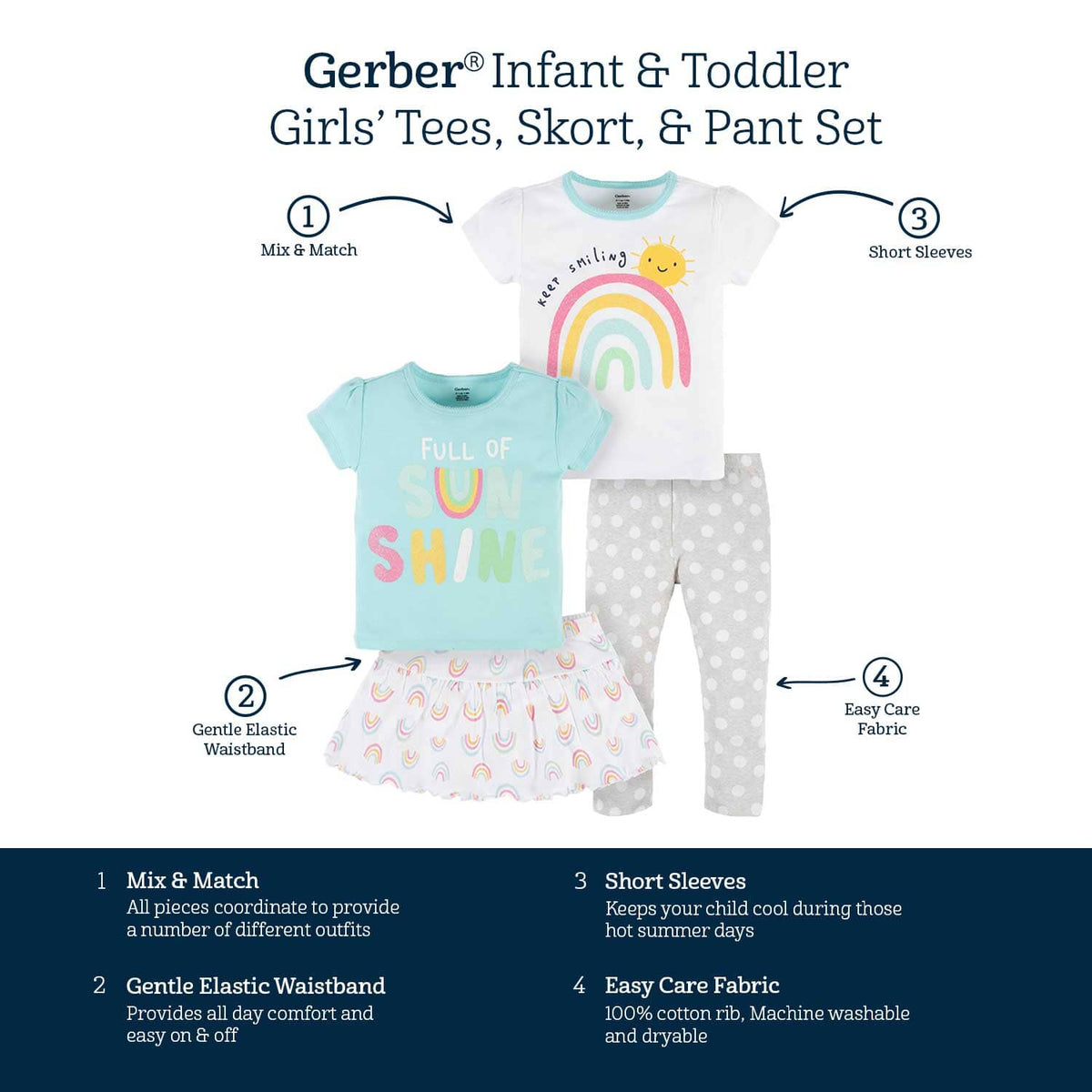 4-Piece Infant & Toddler Girls Dots Of Rainbows Tees, Skort & Pants Set
