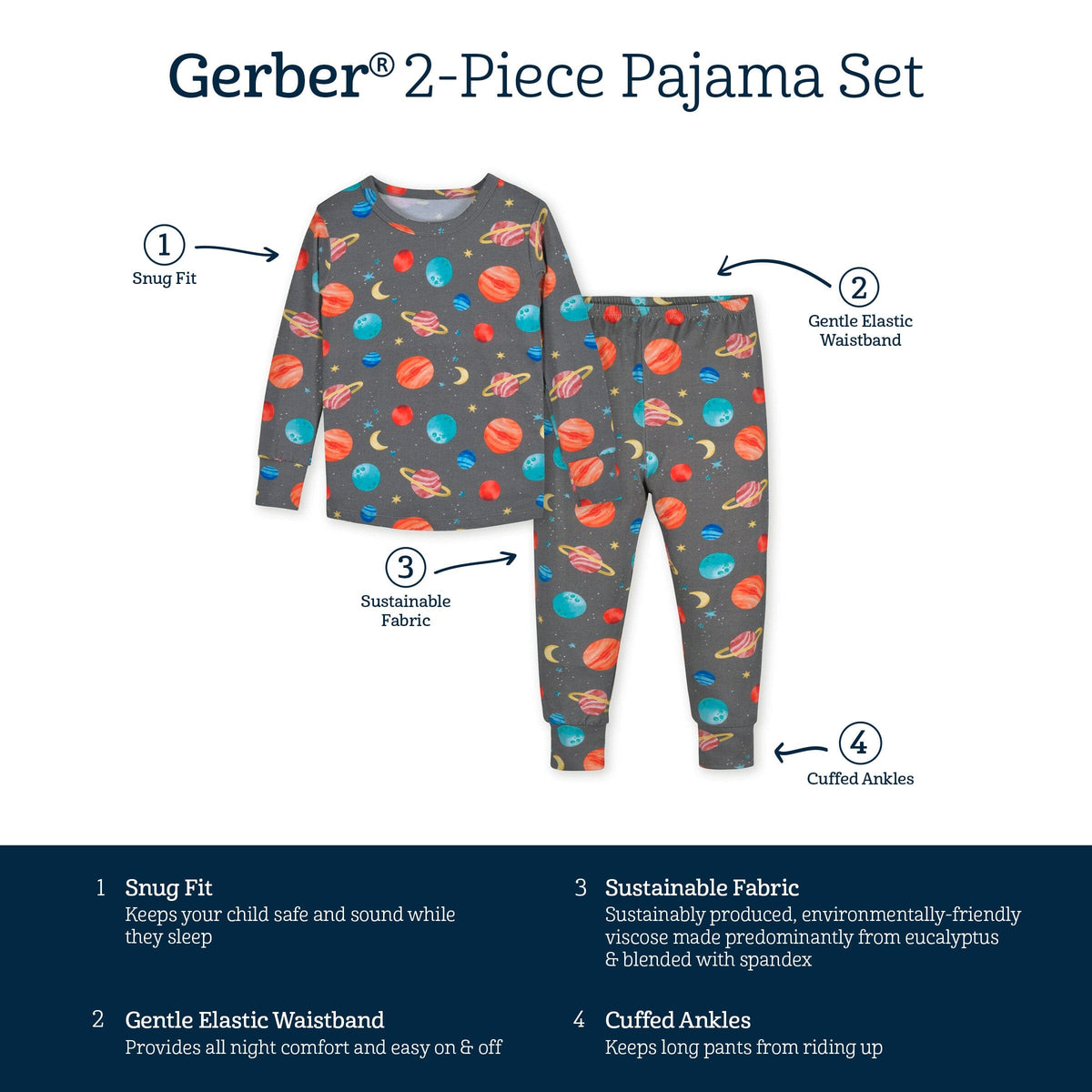2-Piece Infant & Toddler Outer Space Buttery-Soft Viscose Made from Eucalyptus Snug Fit Pajamas