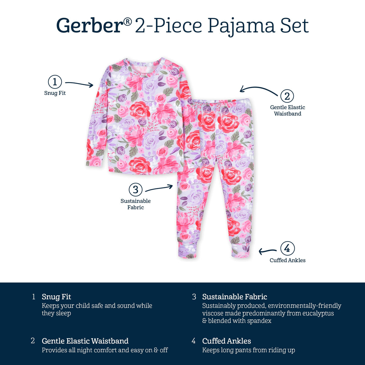2-Piece Infant & Toddler Girls Lilac Garden Buttery-Soft Viscose Made from Eucalyptus Snug Fit Pajamas