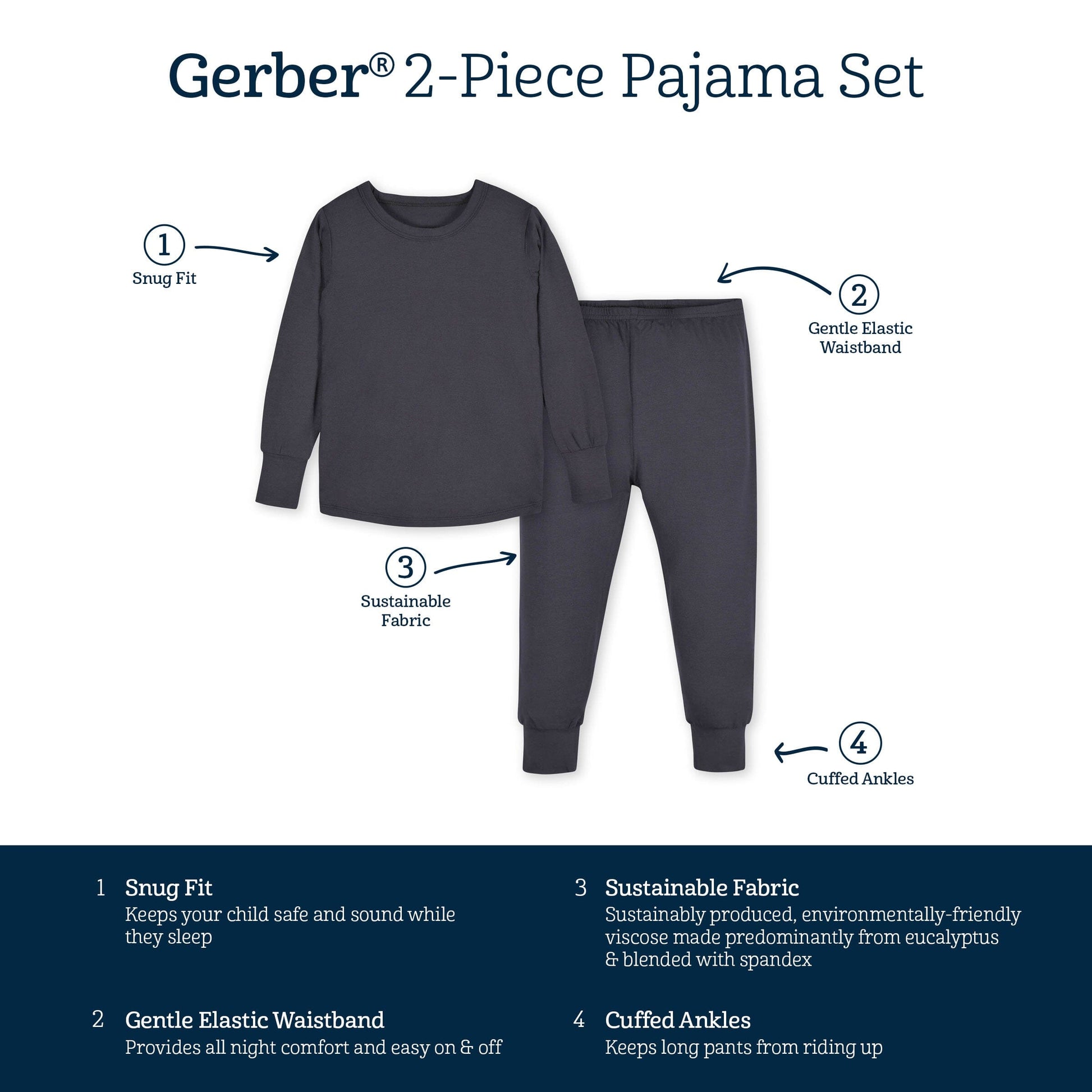 2-Piece Infant & Toddler Charcoal Buttery-Soft Viscose Made from Eucalyptus Snug Fit Pajamas