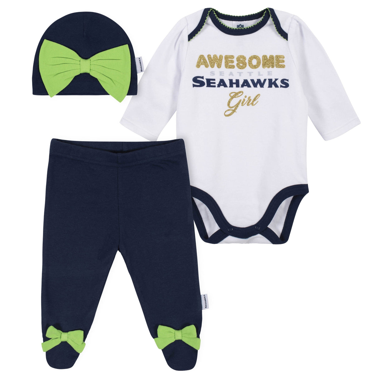 Baby Girls Seattle Seahawks 3-Piece Bodysuit, Pant, and Cap Set-Gerber Childrenswear