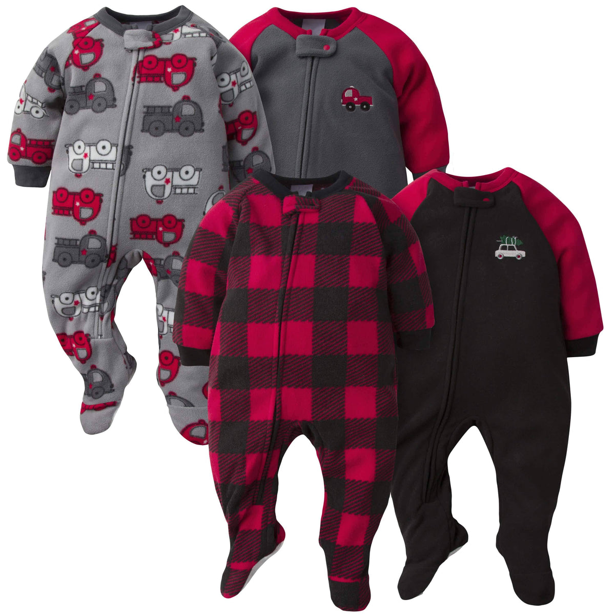 Gerber® 4-Pack Baby Boys Fire Trucks & Plaid Fleece Pajamas-Gerber Childrenswear