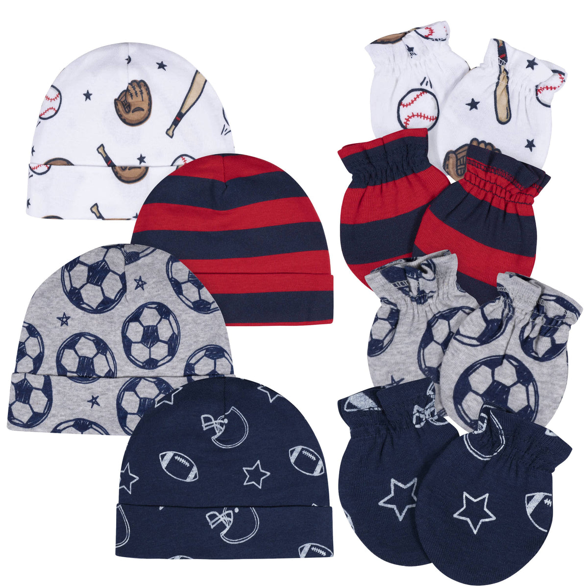 8-Piece Baby Boys Sports No Scratch Mittens & Caps Set