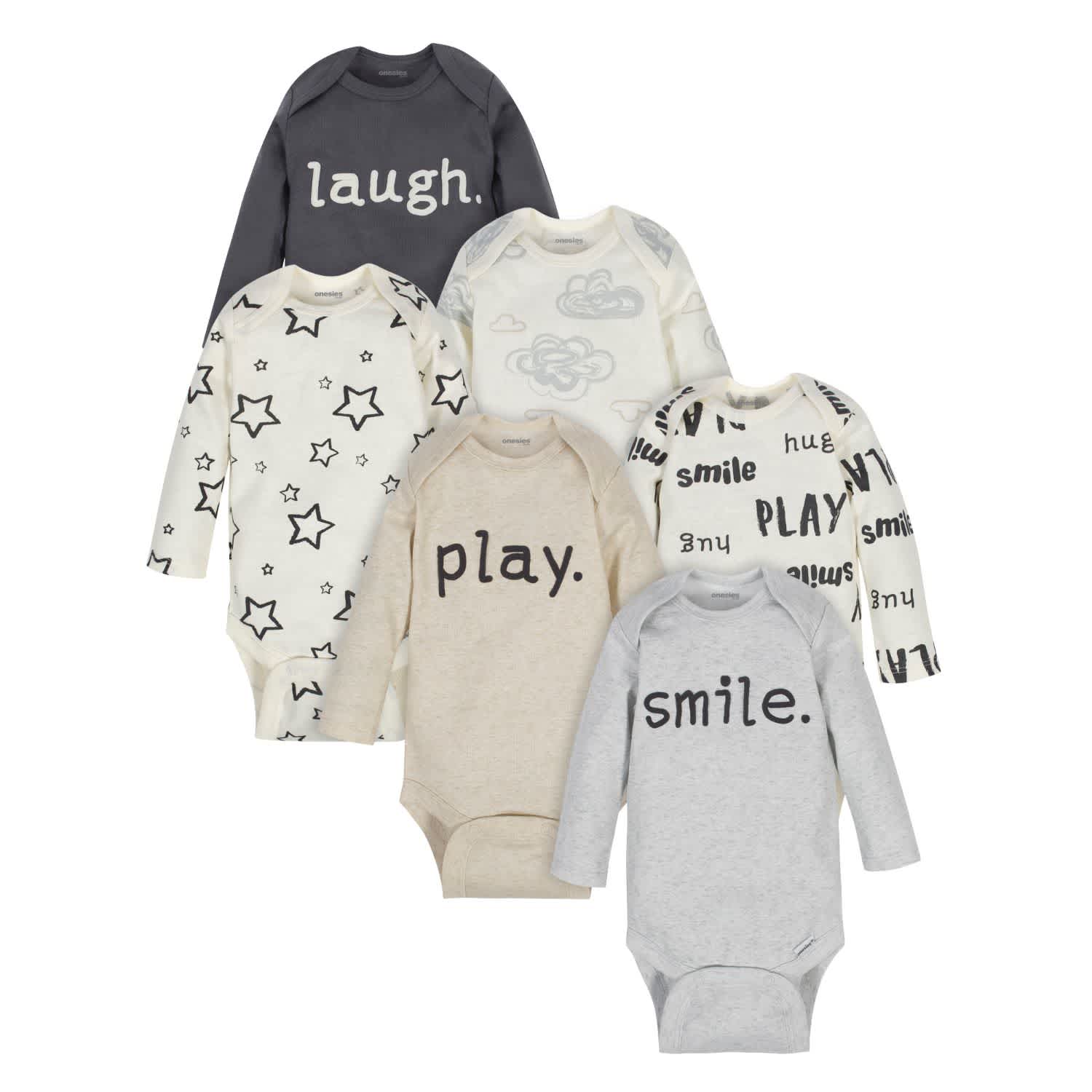 6-Pack Baby Neutral Words Long Sleeve Onesies® Brand Bodysuits-Gerber Childrenswear