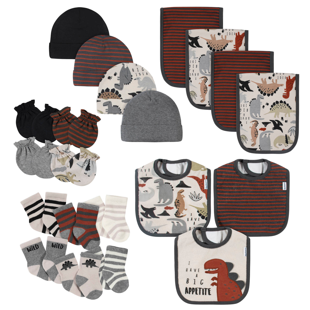 21-Piece Baby Boys Dino Terry Bib, Burpcloth, Mittens, Cap and Bootie Sock Set-Gerber Childrenswear