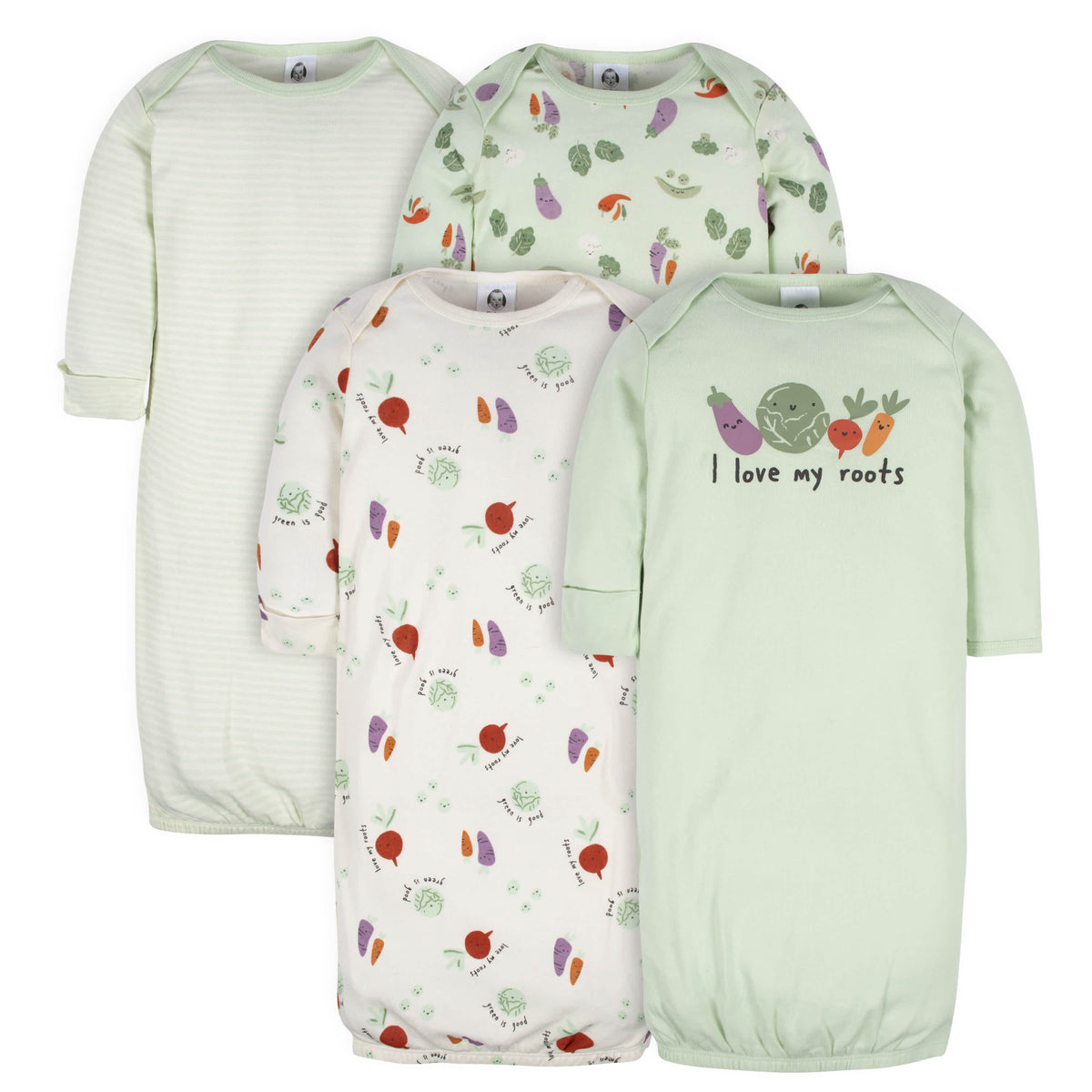4-Pack Baby Neutral Happy Veggies Gowns