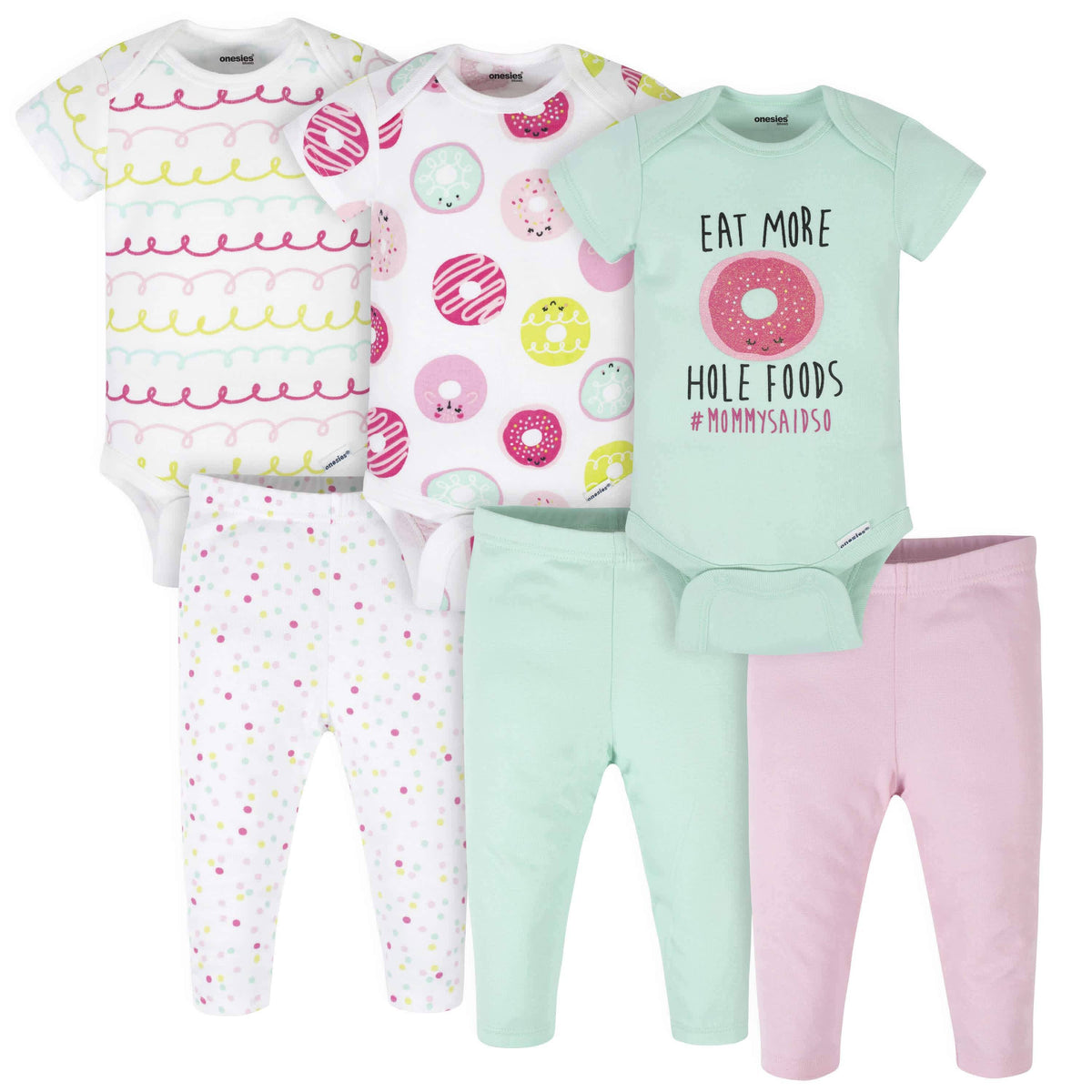 6-Piece Baby Girls Donut Onesies® Brand Bodysuits & Pants Set-Gerber Childrenswear