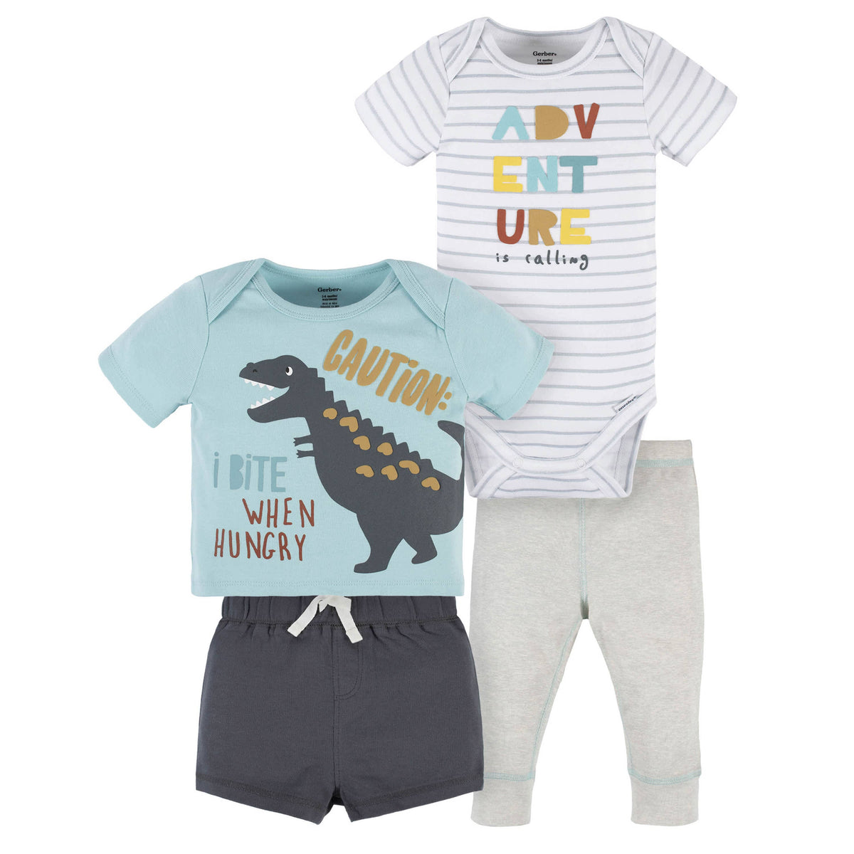 4-Piece Baby Boys Dino Blues Onesies® Bodysuit, Tee, Shorts & Pant Set-Gerber Childrenswear