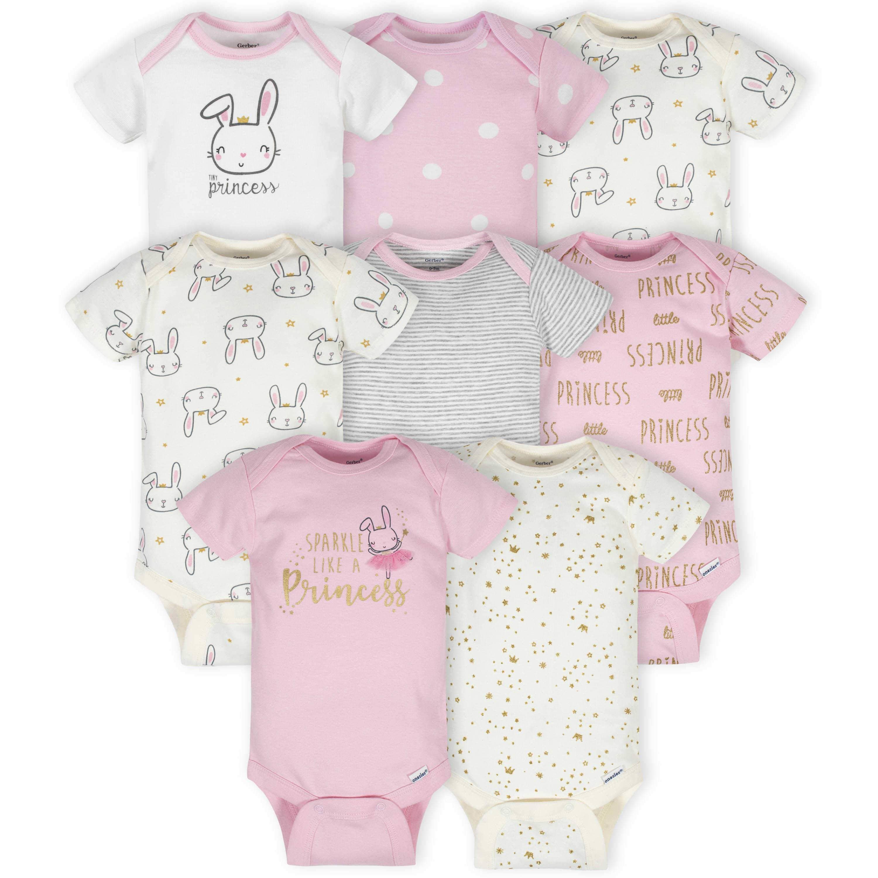 8-Pack Baby Girls Princess Short Sleeve Onesies® Bodysuits-Gerber Childrenswear