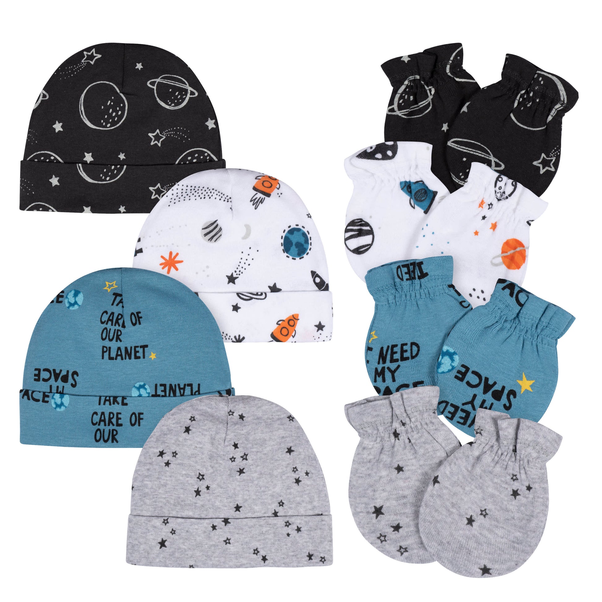 8-Piece Baby Boys Space No Scratch Mittens & Caps Set