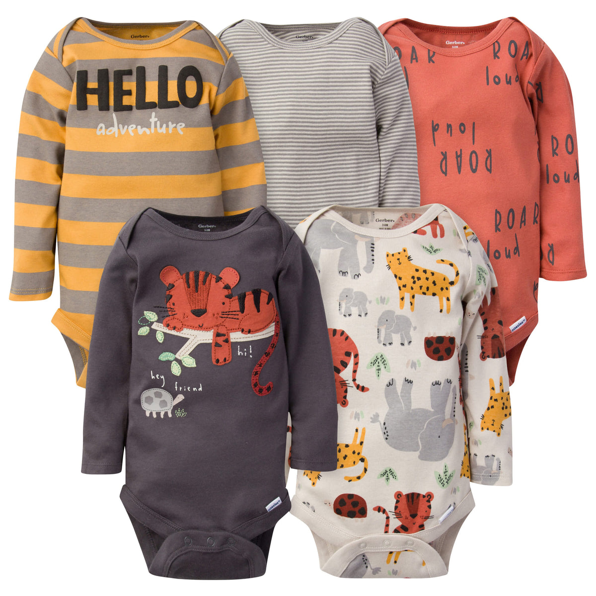 5-Pack Baby Boys Safari Long Sleeve Onesies® Bodysuits-Gerber Childrenswear