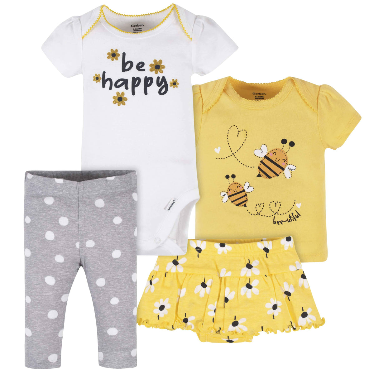 4-Piece Baby Girls Bee Garden Onesies® Bodysuit, Tee, Skort & Pant Set-Gerber Childrenswear