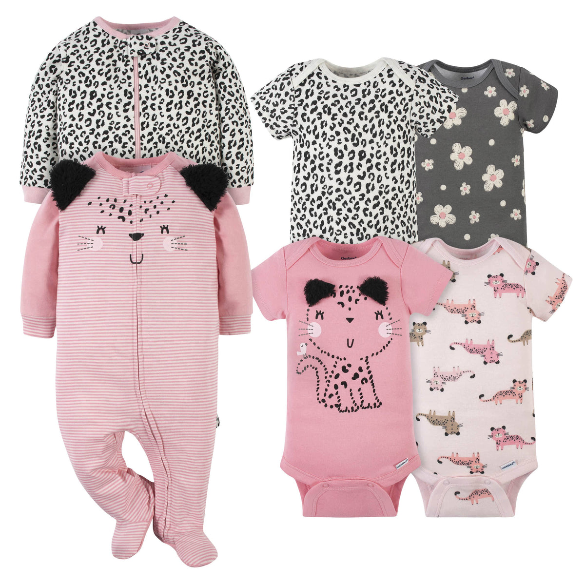 6-Piece Baby Girls Leopard Onesies® Bodysuit and Sleep 'N Play Set-Gerber Childrenswear