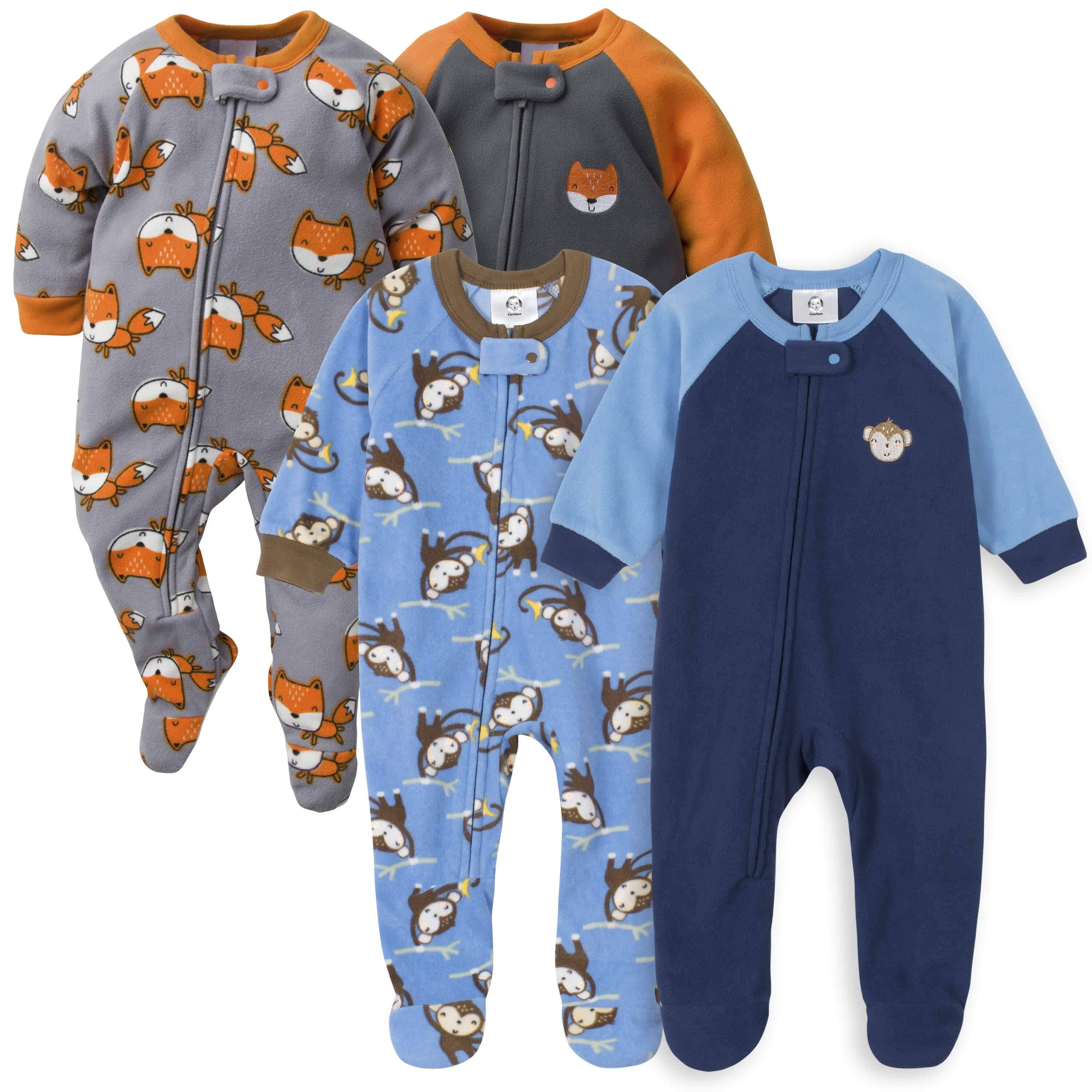 Gerber® 4-Pack Baby Boys Monkeys & Foxes Fleece Pajamas-Gerber Childrenswear