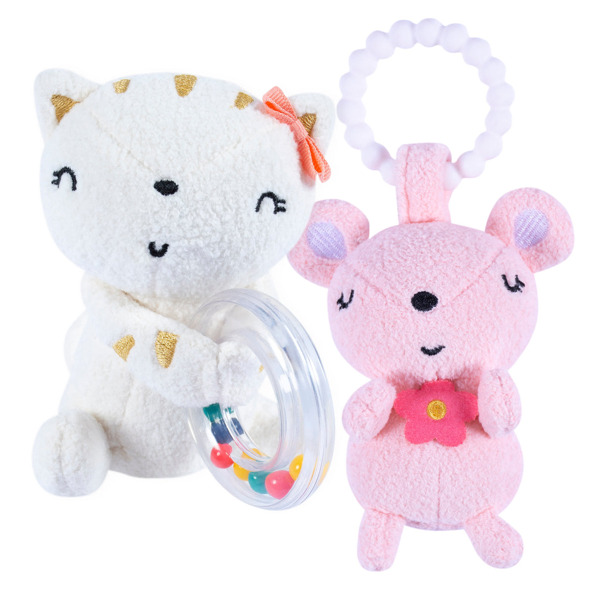 2-Piece Baby Girls Cat & Mouse Rattle and Teether Set