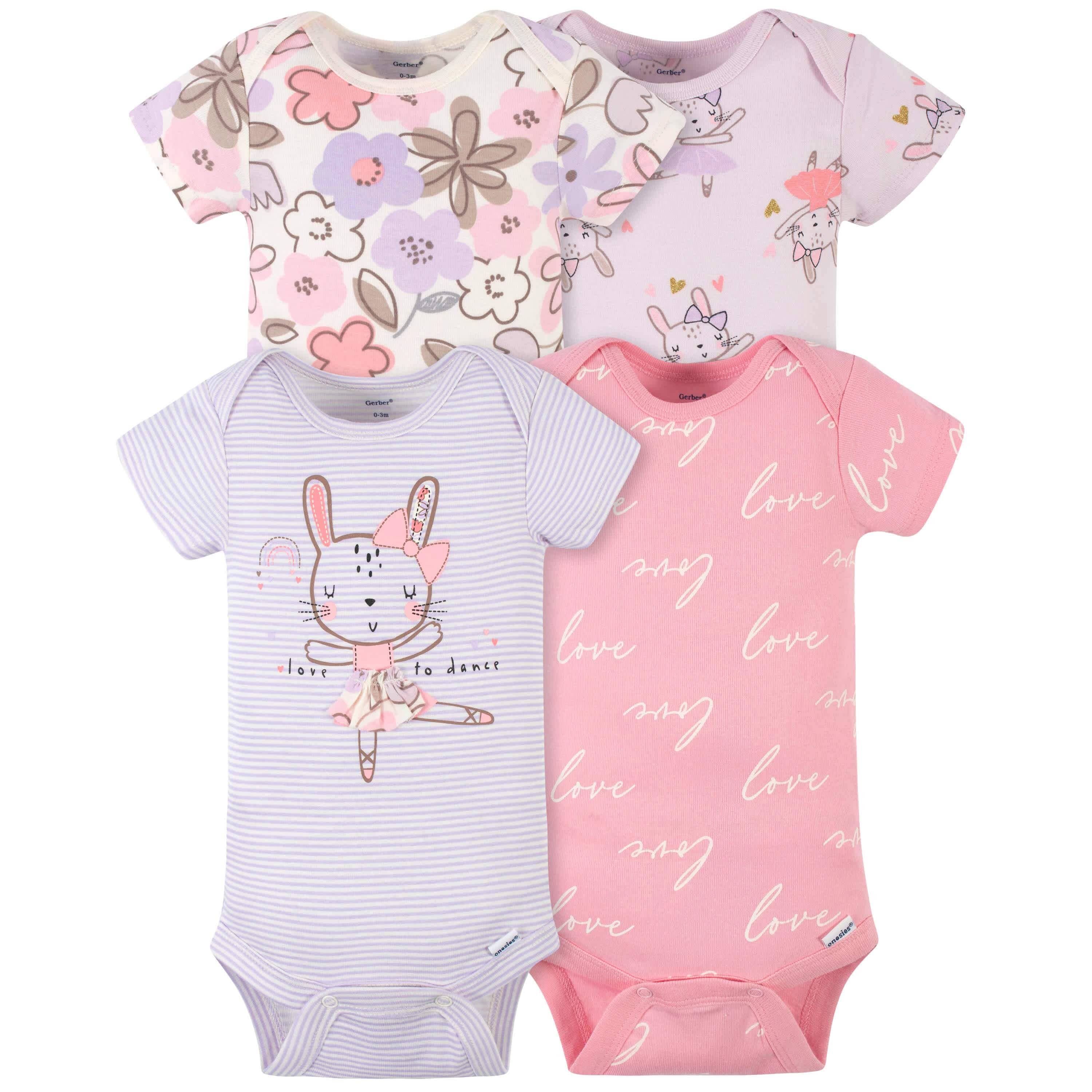 4-Pack Baby Girls Bunny Ballerina Short Sleeve Onesies® Bodysuits-Gerber Childrenswear