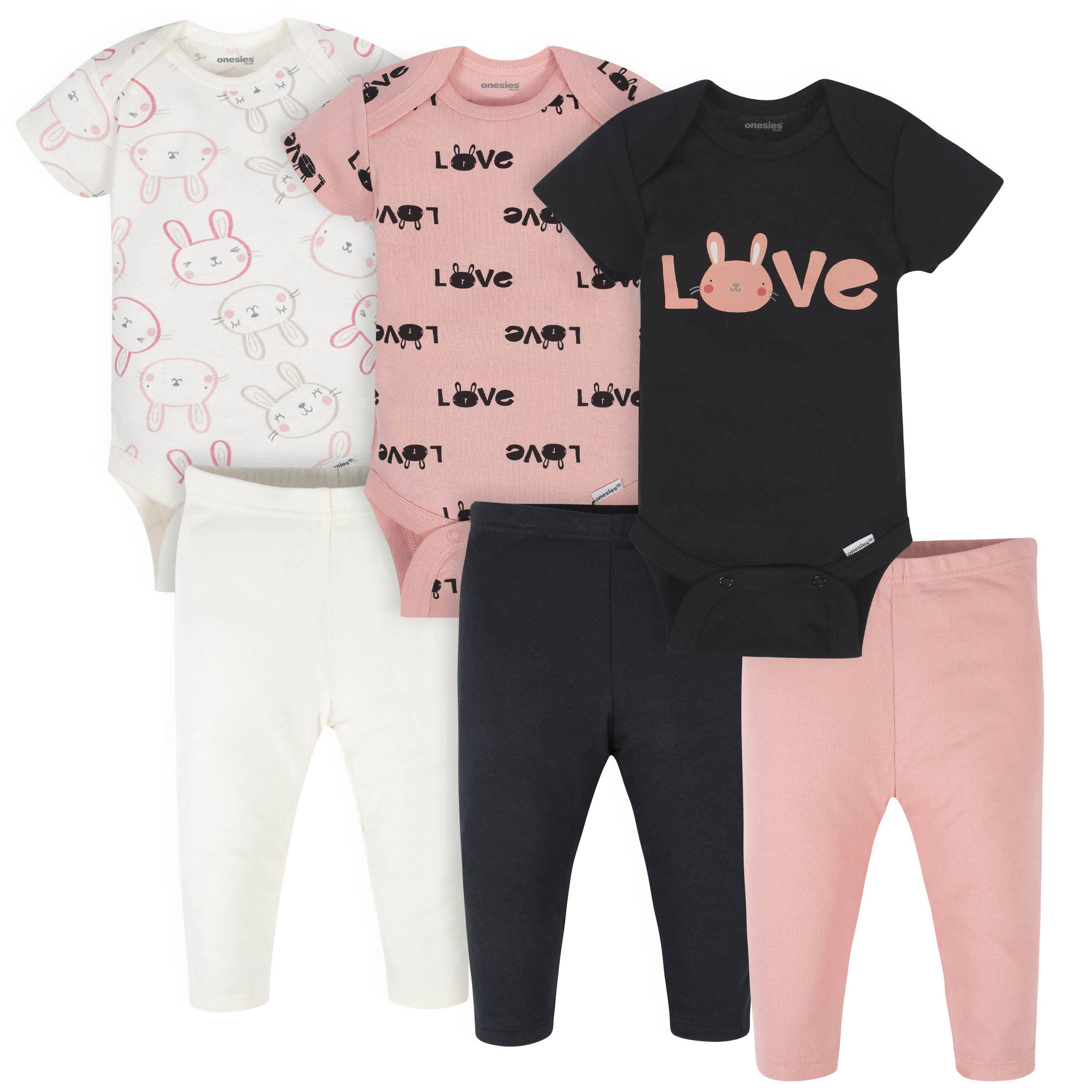 6-Piece Baby Girls Bunny Onesies® Brand Bodysuits & Pants Set-Gerber Childrenswear