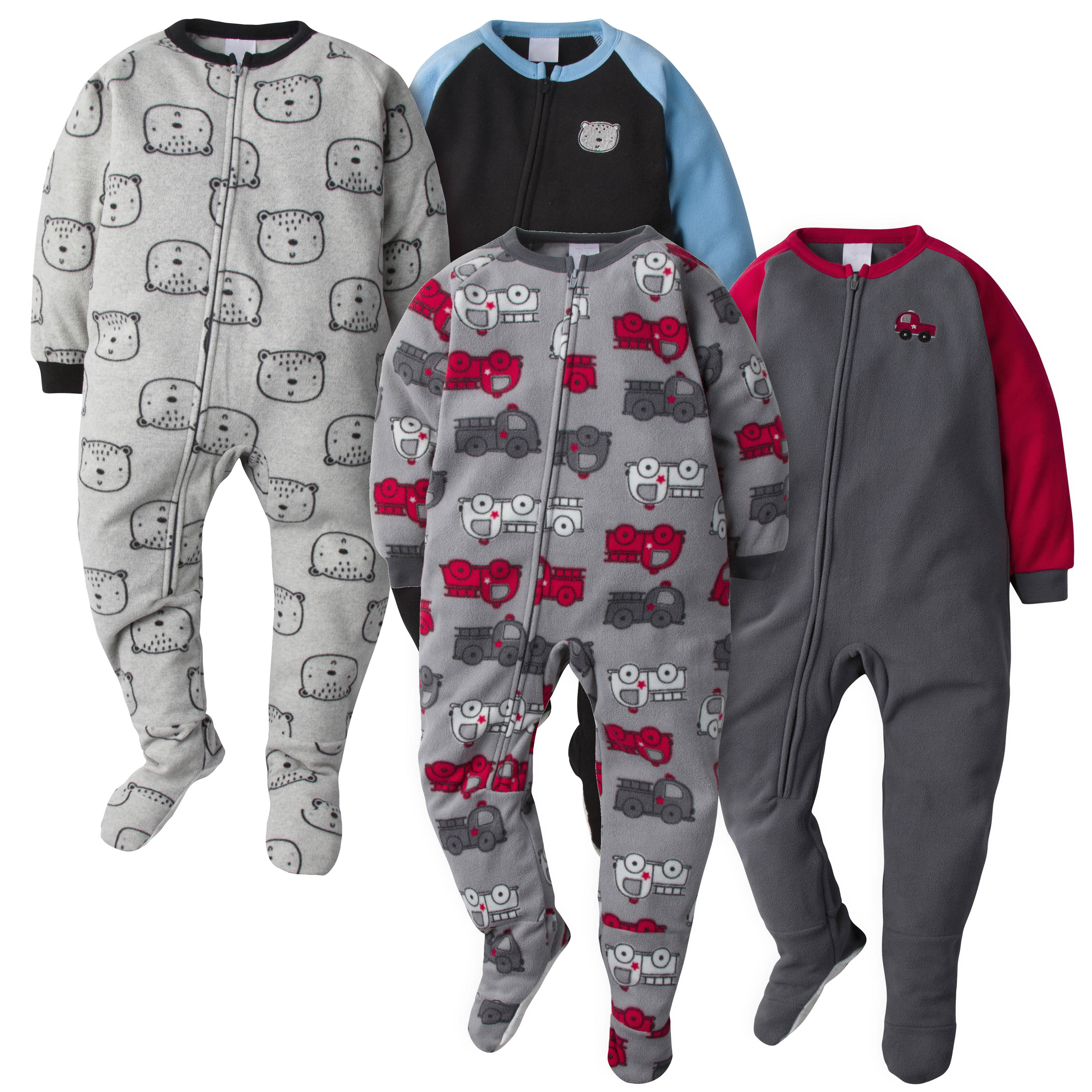 4-Pack Toddler Boys Blanket Sleepers - Firetrucks & Bear Heads