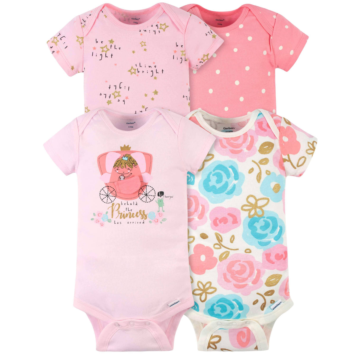4-Pack Baby Girls Princess Short Sleeve Onesies® Bodysuits-Gerber Childrenswear