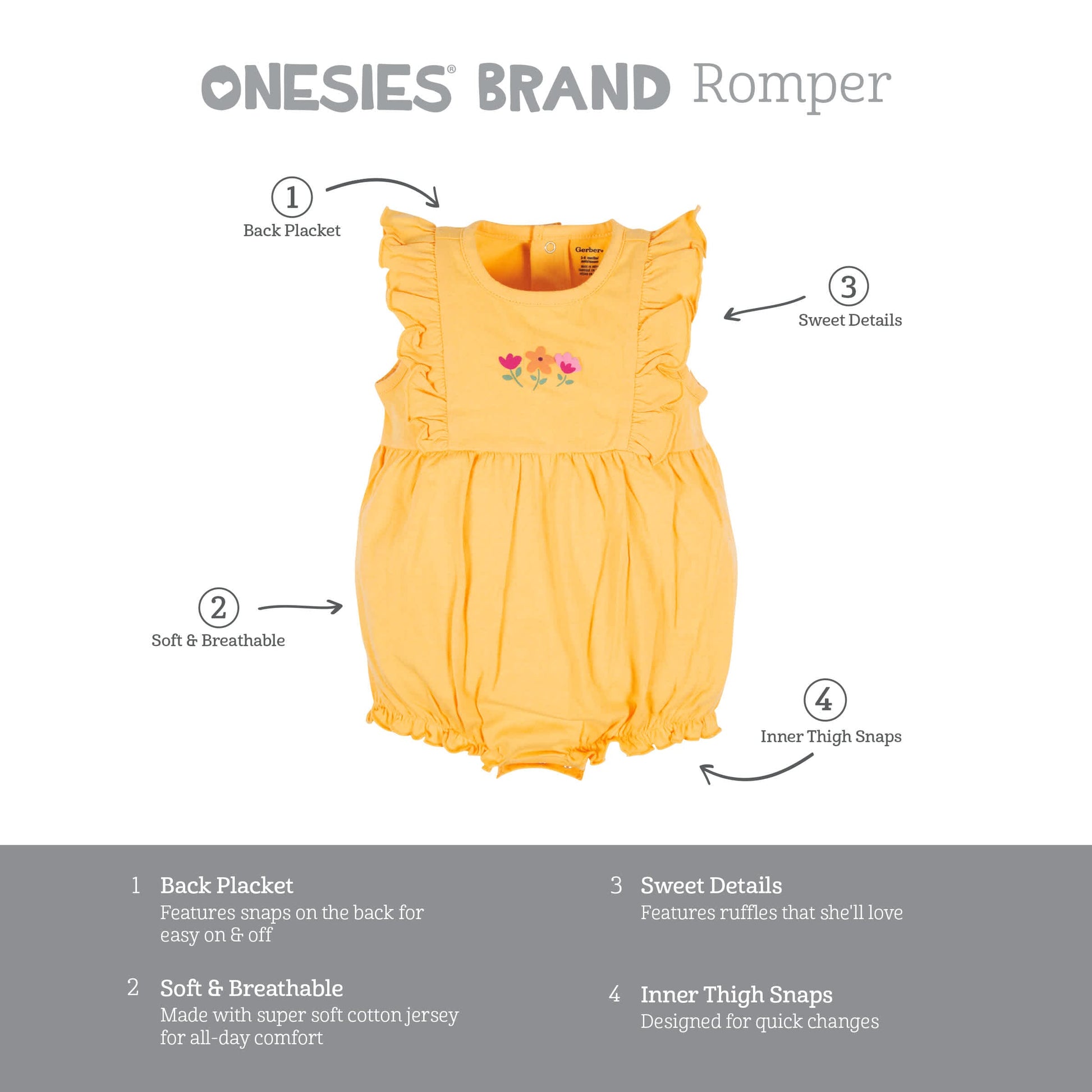 3-Pack Baby Girls Floral Fox Rompers
