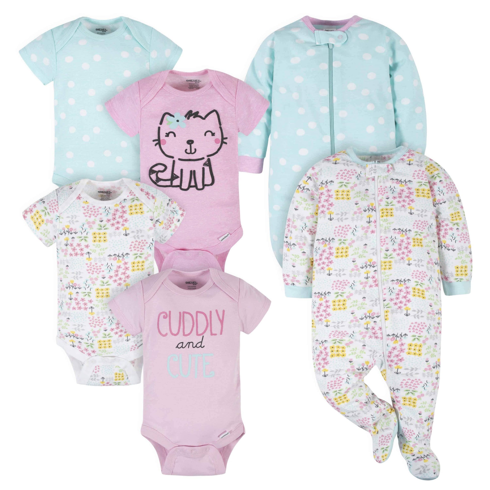 6-Piece Baby Girls Cuddly & Cat Onesies® Brand Bodysuit & Sleep N' Play Set-Gerber Childrenswear